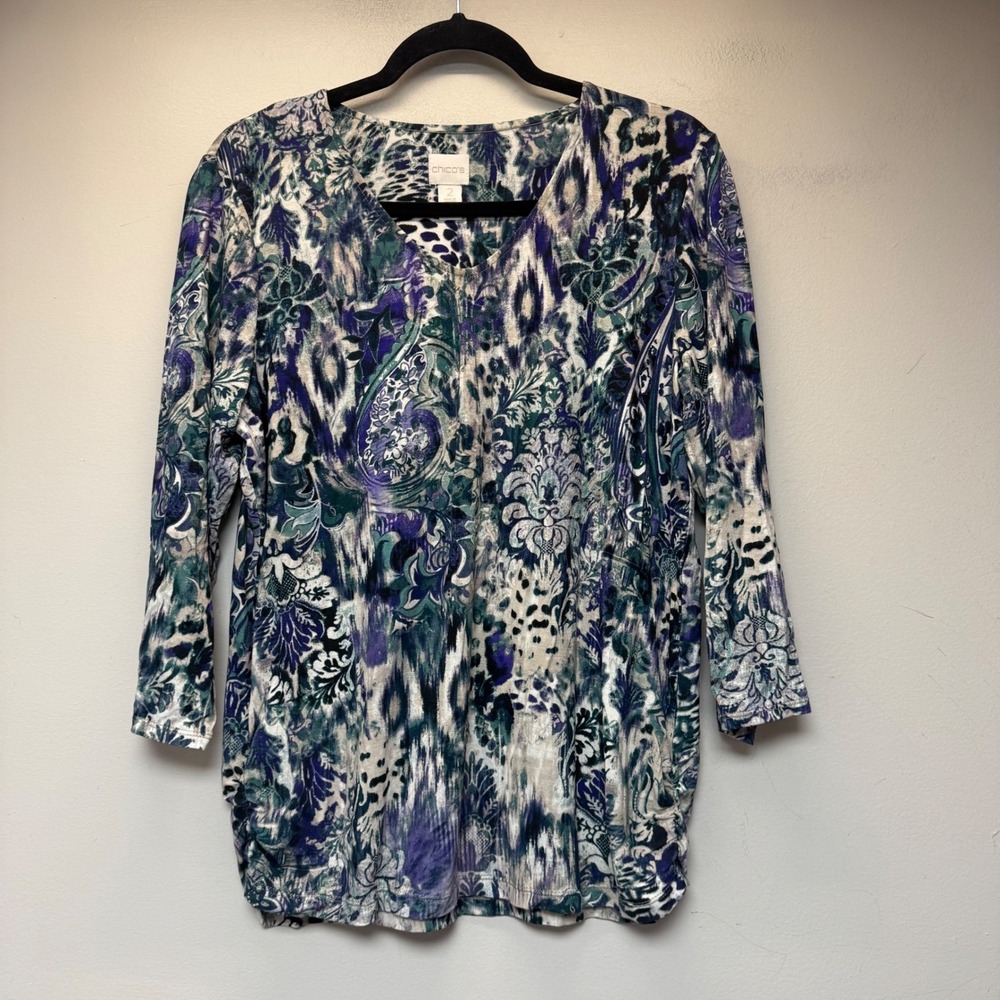 Chico's V-Neck Tunic Womens Size 2 L Purple Teal Ikat Paisley Excellent 3/4